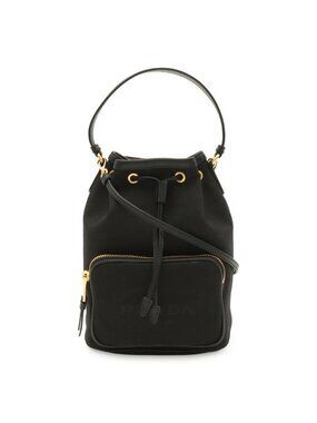Prada Logo Jacquard Bucket Bag Drawstring 2-Way Canvas Leather Nero Black Gold